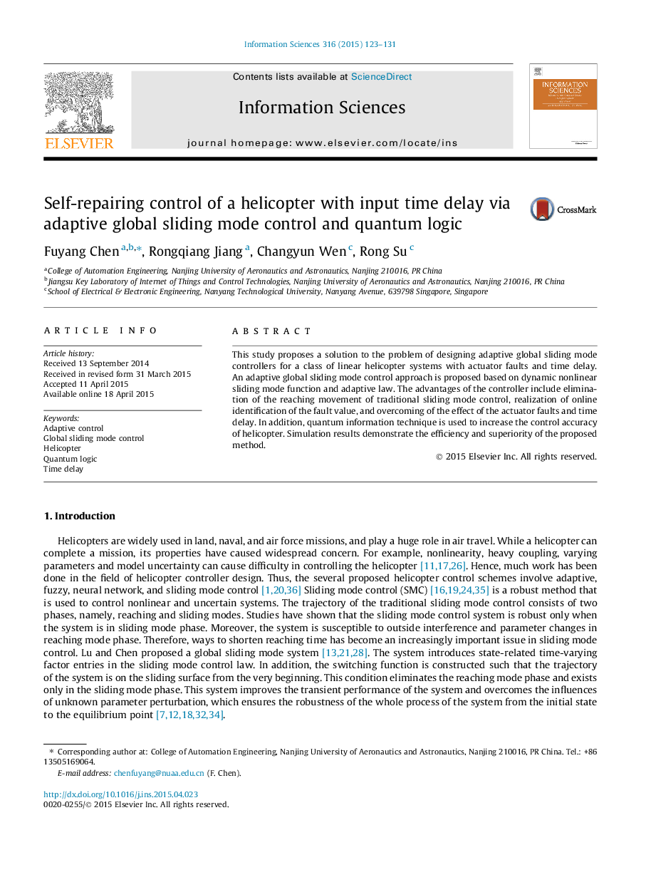 Self-repairing control of a helicopter with input time delay via adaptive global sliding mode control and quantum logic