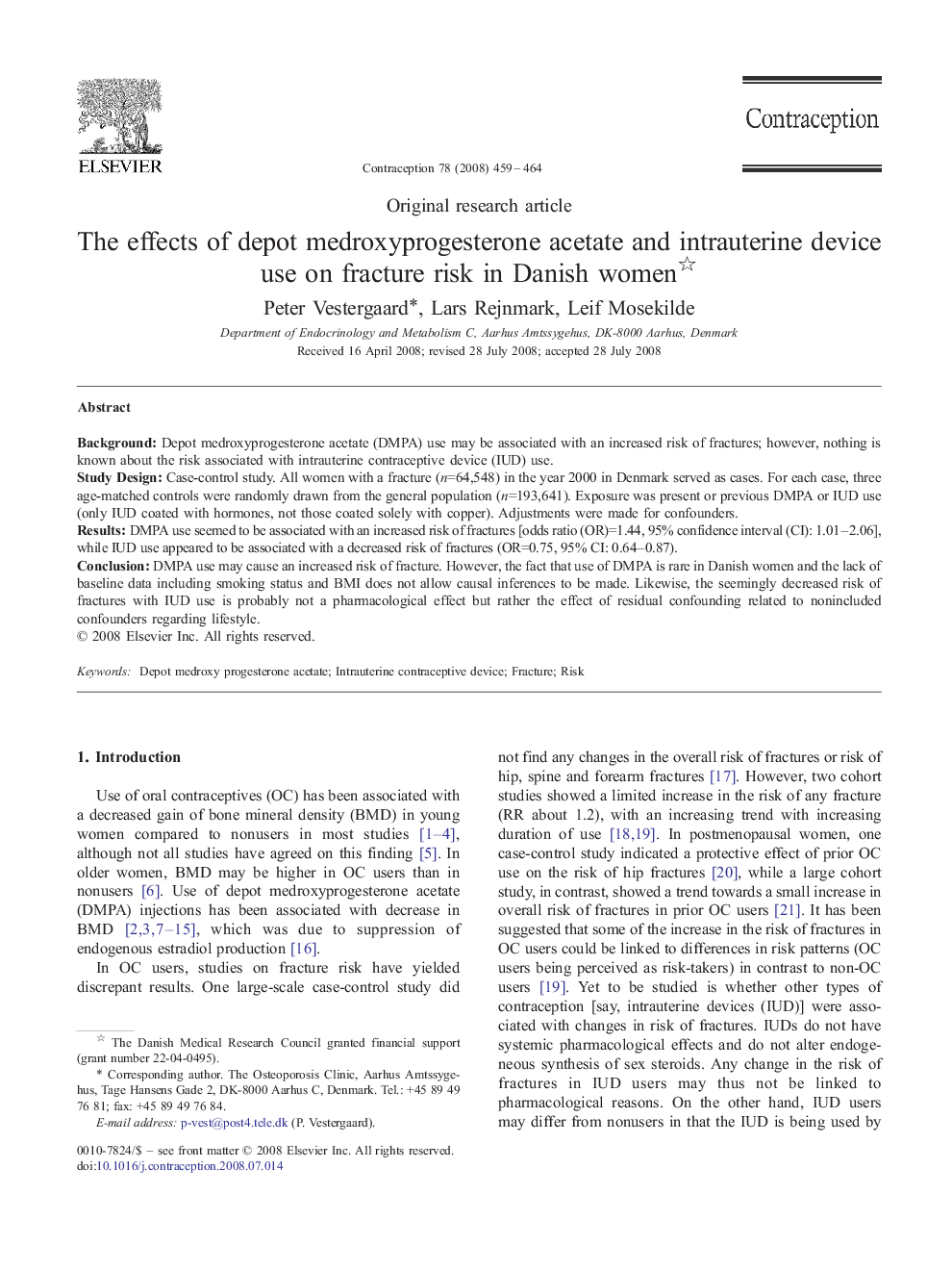 The effects of depot medroxyprogesterone acetate and intrauterine device use on fracture risk in Danish women 