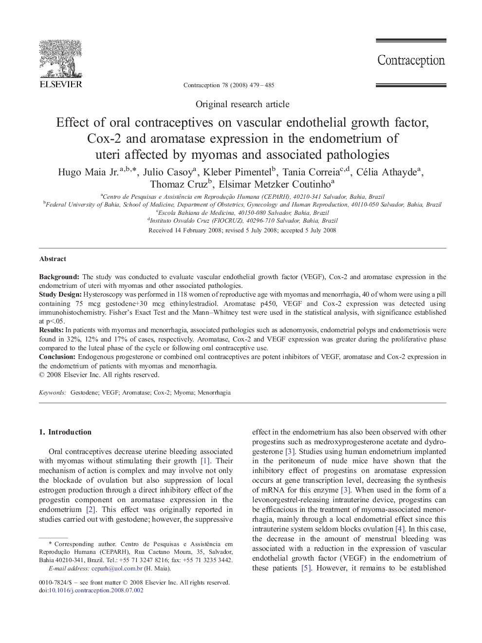 Effect of oral contraceptives on vascular endothelial growth factor, Cox-2 and aromatase expression in the endometrium of uteri affected by myomas and associated pathologies