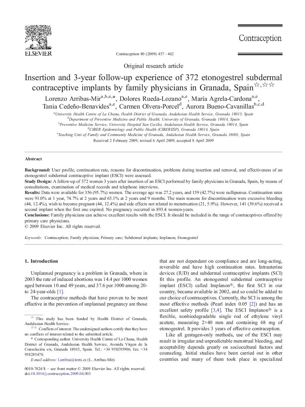 Insertion and 3-year follow-up experience of 372 etonogestrel subdermal contraceptive implants by family physicians in Granada, Spain 