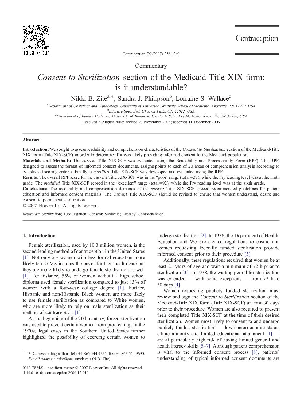 Consent to Sterilization section of the Medicaid-Title XIX form: is it understandable?