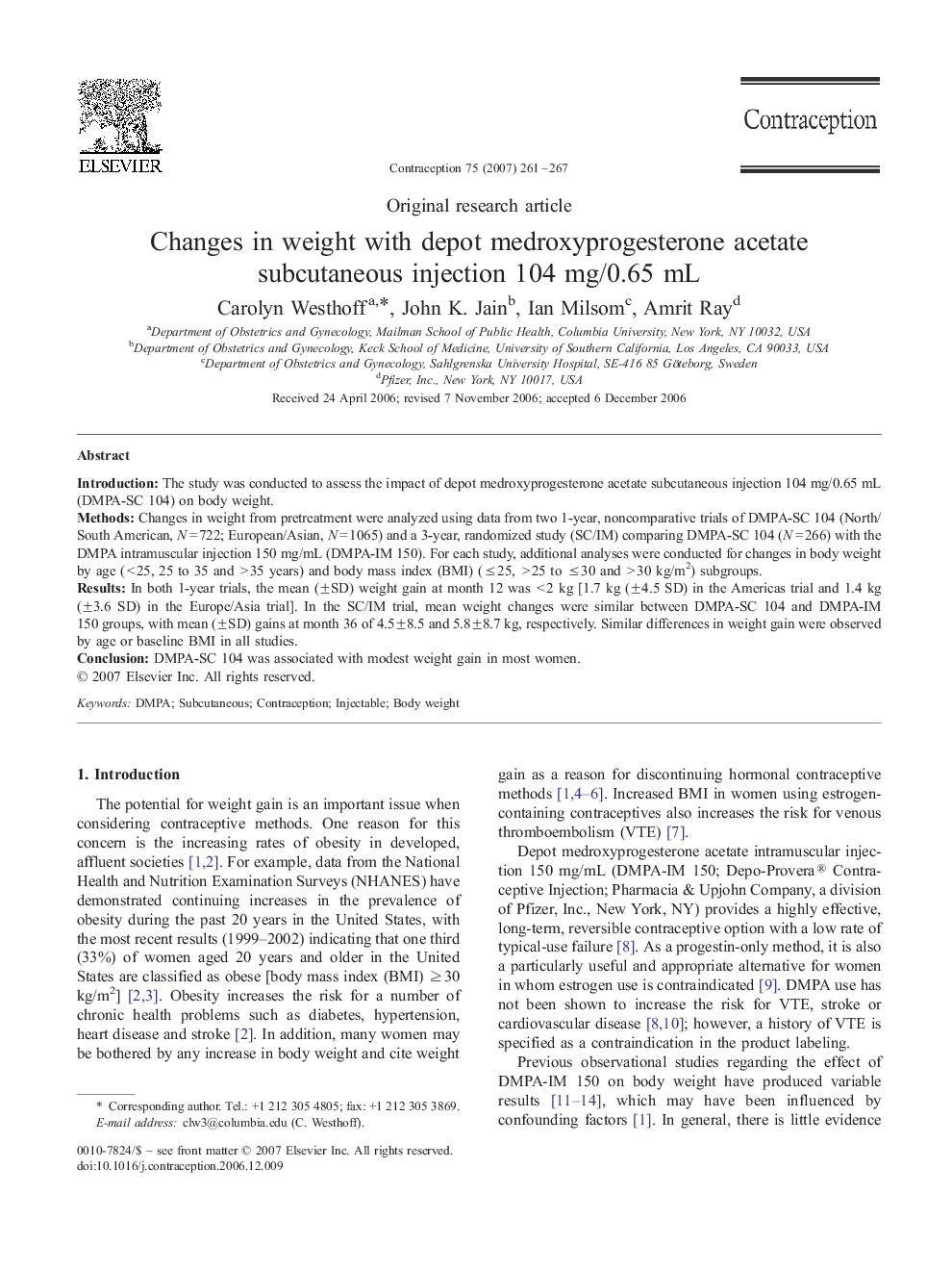 Changes in weight with depot medroxyprogesterone acetate subcutaneous injection 104 mg/0.65 mL