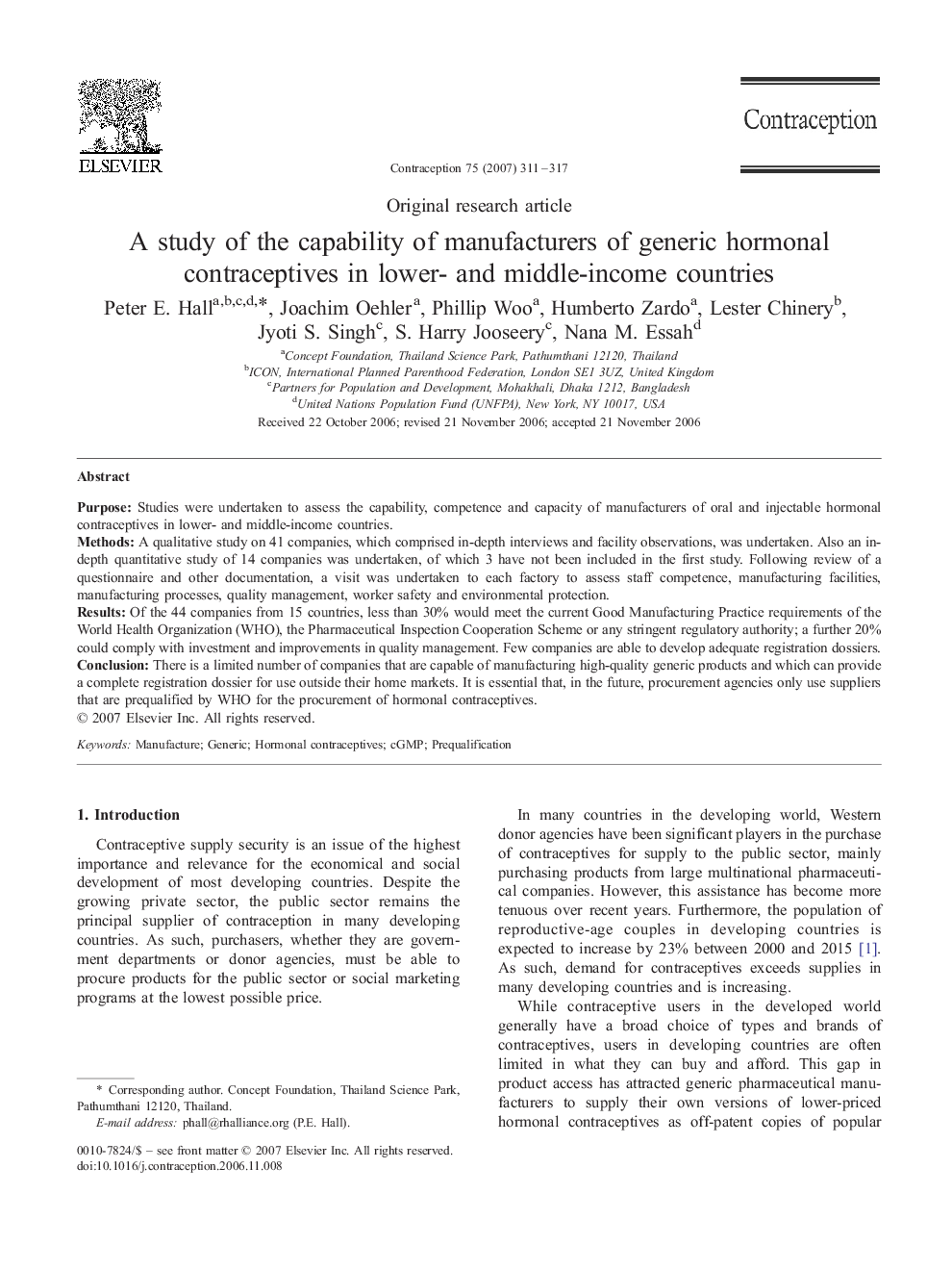 A study of the capability of manufacturers of generic hormonal contraceptives in lower- and middle-income countries