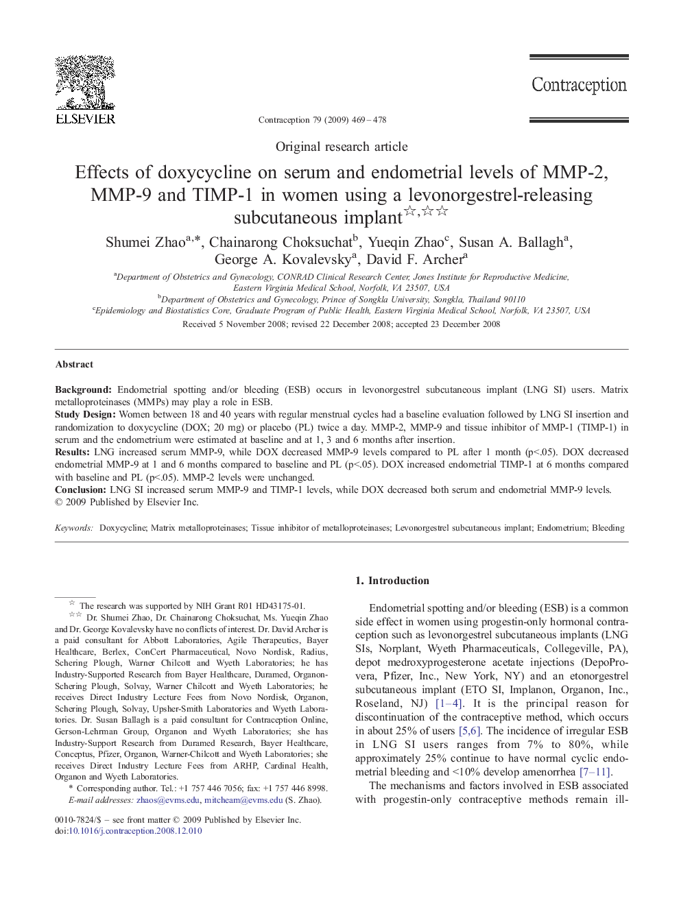 Effects of doxycycline on serum and endometrial levels of MMP-2, MMP-9 and TIMP-1 in women using a levonorgestrel-releasing subcutaneous implant 