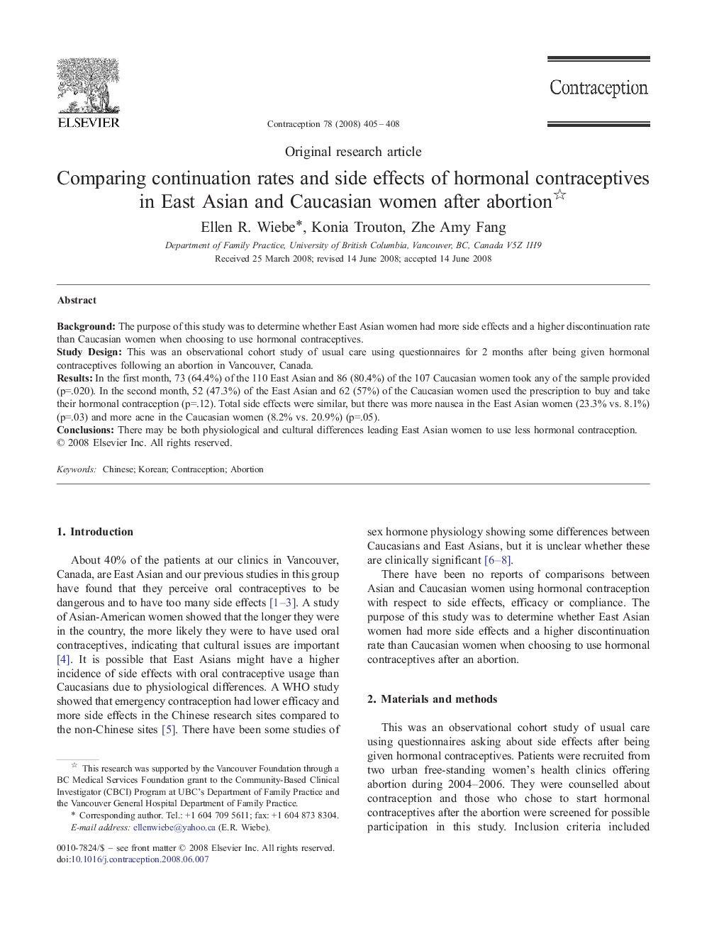 Comparing continuation rates and side effects of hormonal contraceptives in East Asian and Caucasian women after abortion