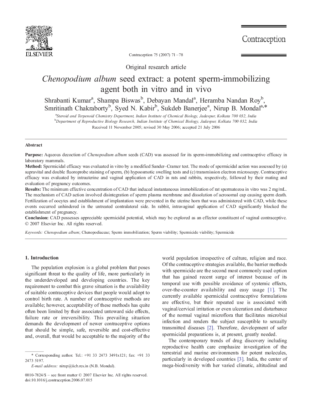 Chenopodium album seed extract: a potent sperm-immobilizing agent both in vitro and in vivo