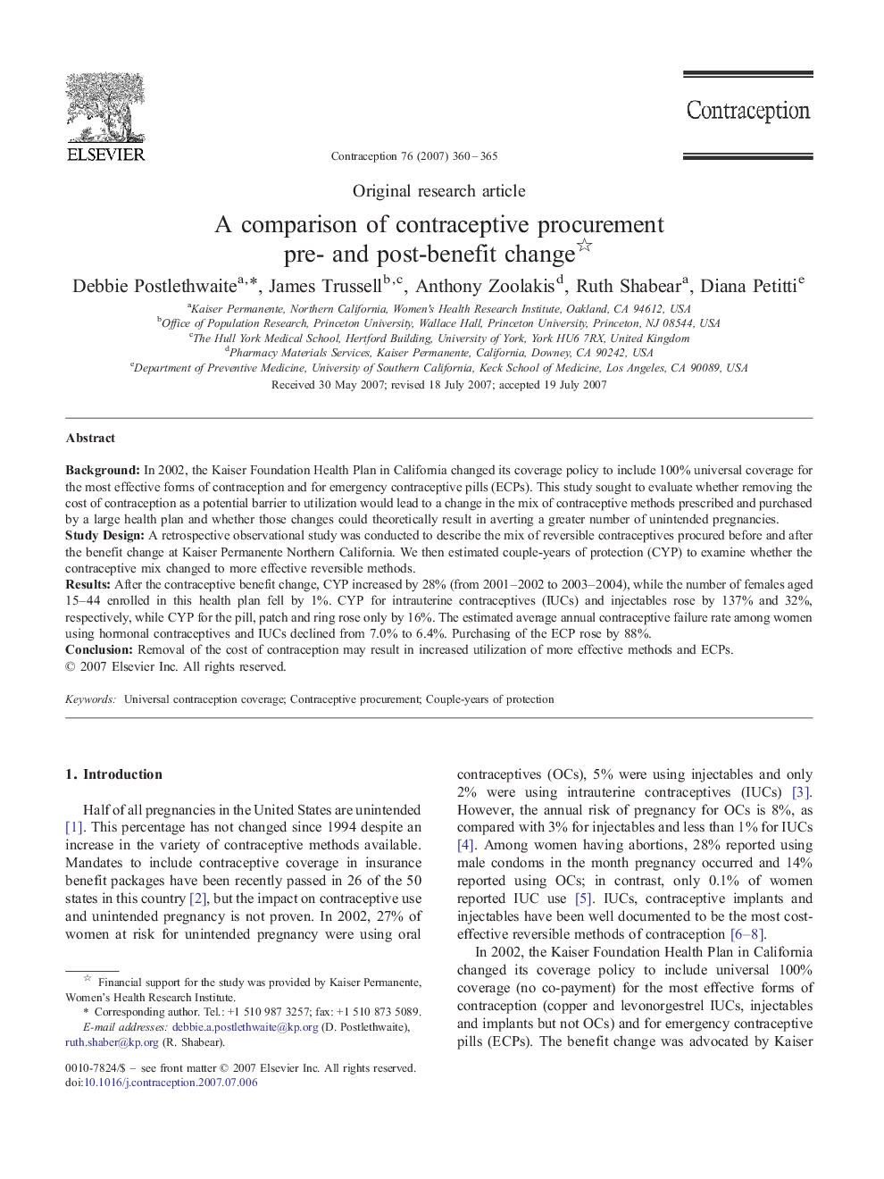 A comparison of contraceptive procurement pre- and post-benefit change 