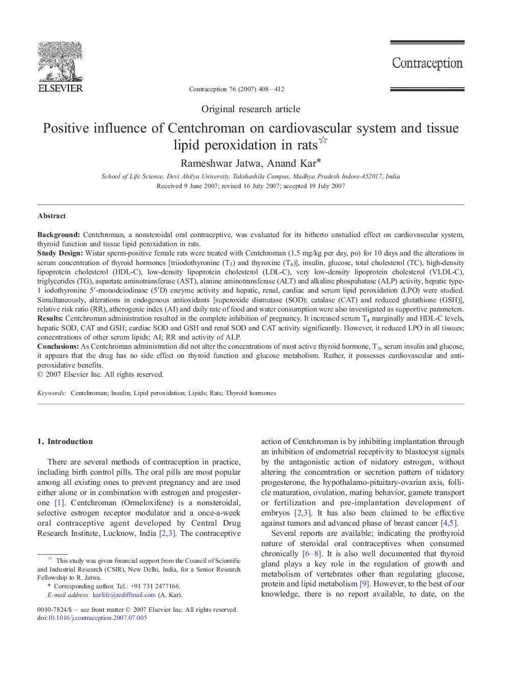 Positive influence of Centchroman on cardiovascular system and tissue lipid peroxidation in rats 