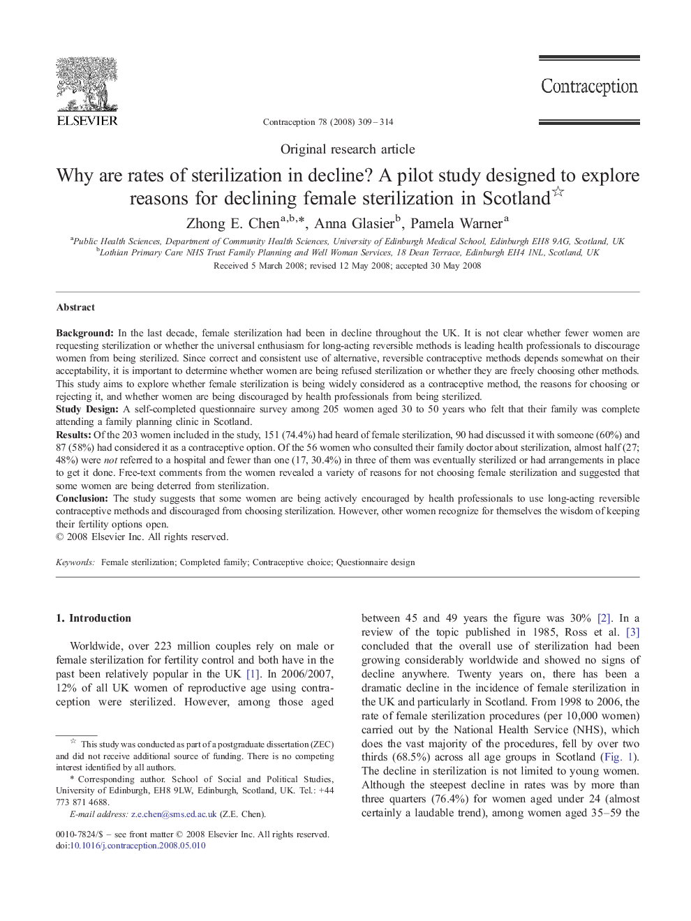 Why are rates of sterilization in decline? A pilot study designed to explore reasons for declining female sterilization in Scotland 