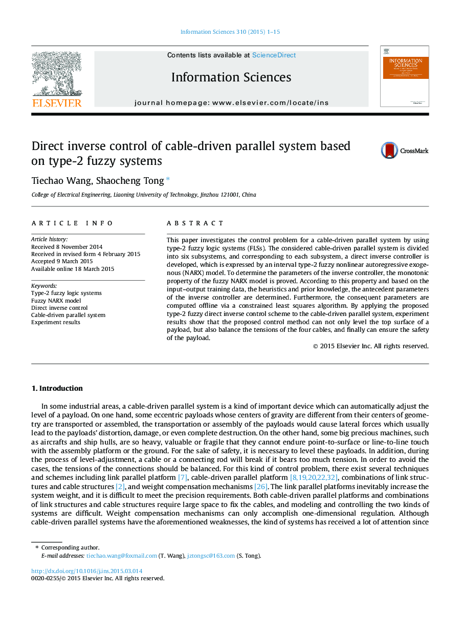 Direct inverse control of cable-driven parallel system based on type-2 fuzzy systems