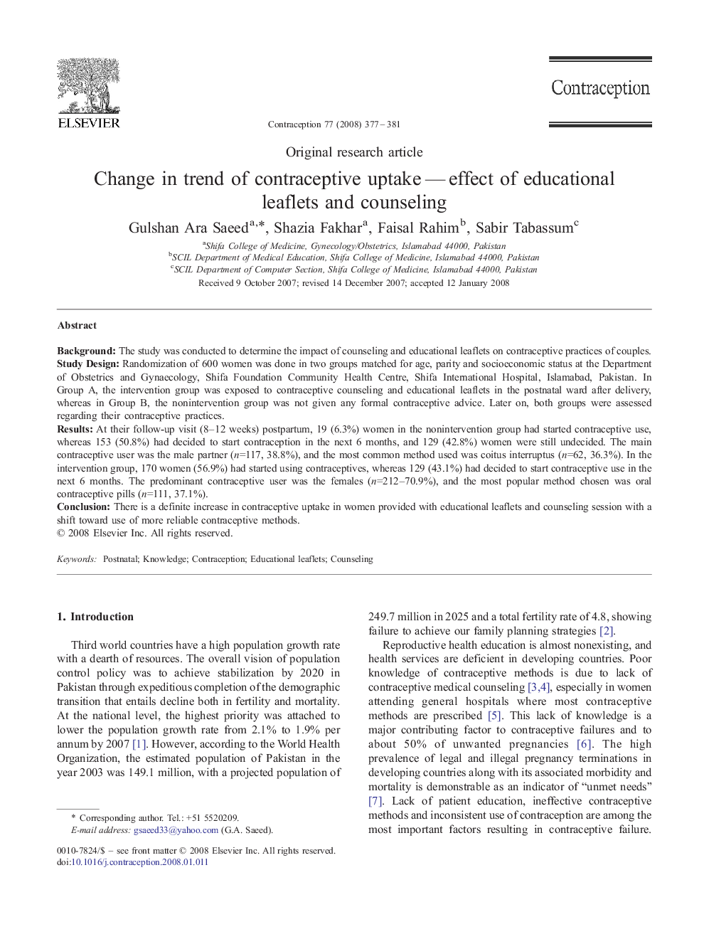 Change in trend of contraceptive uptake — effect of educational leaflets and counseling