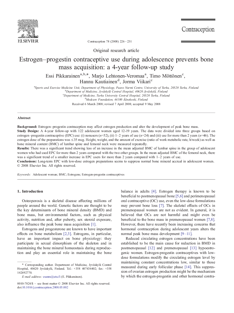 Estrogen–progestin contraceptive use during adolescence prevents bone mass acquisition: a 4-year follow-up study