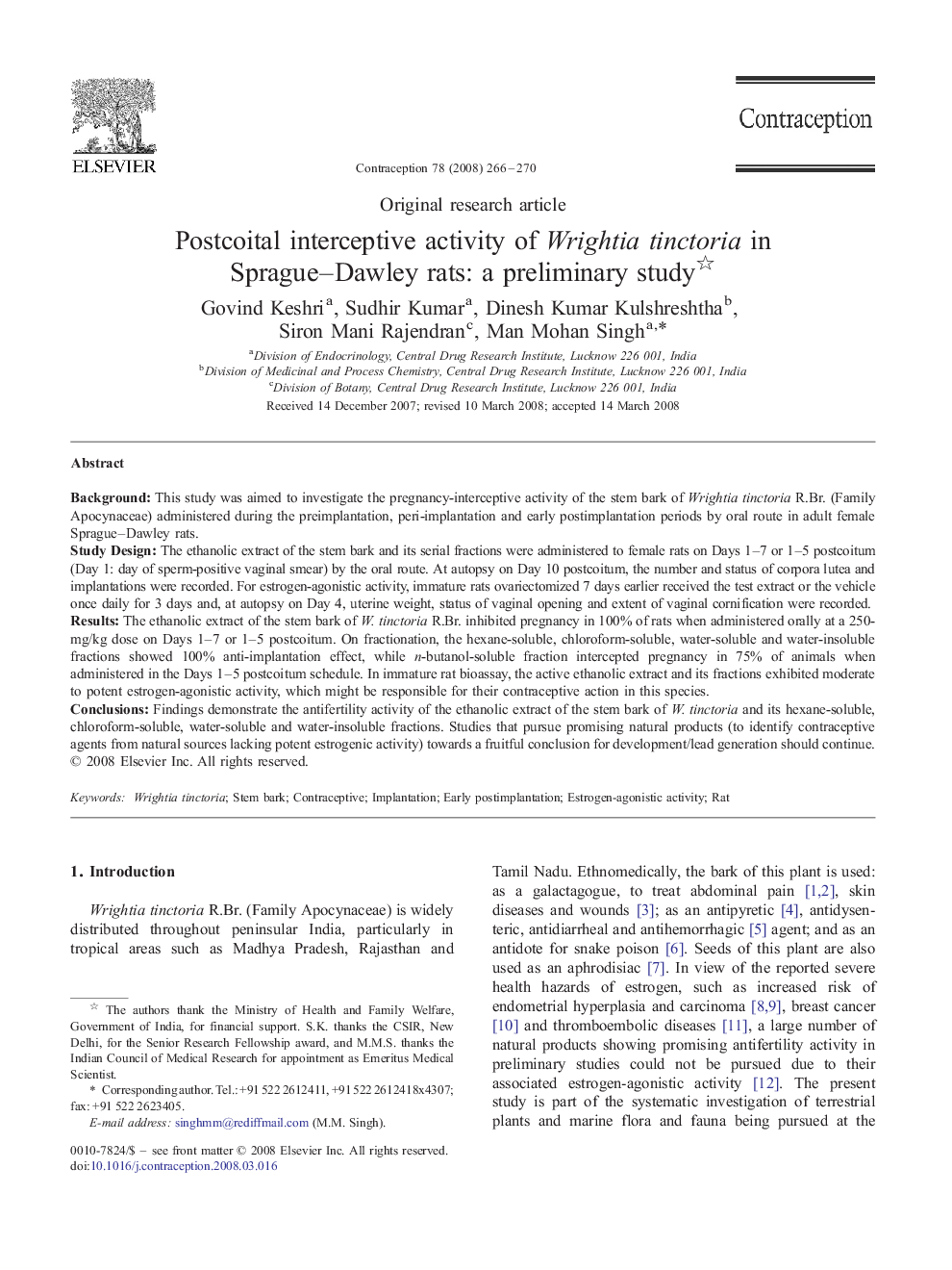 Postcoital interceptive activity of Wrightia tinctoria in Sprague–Dawley rats: a preliminary study 