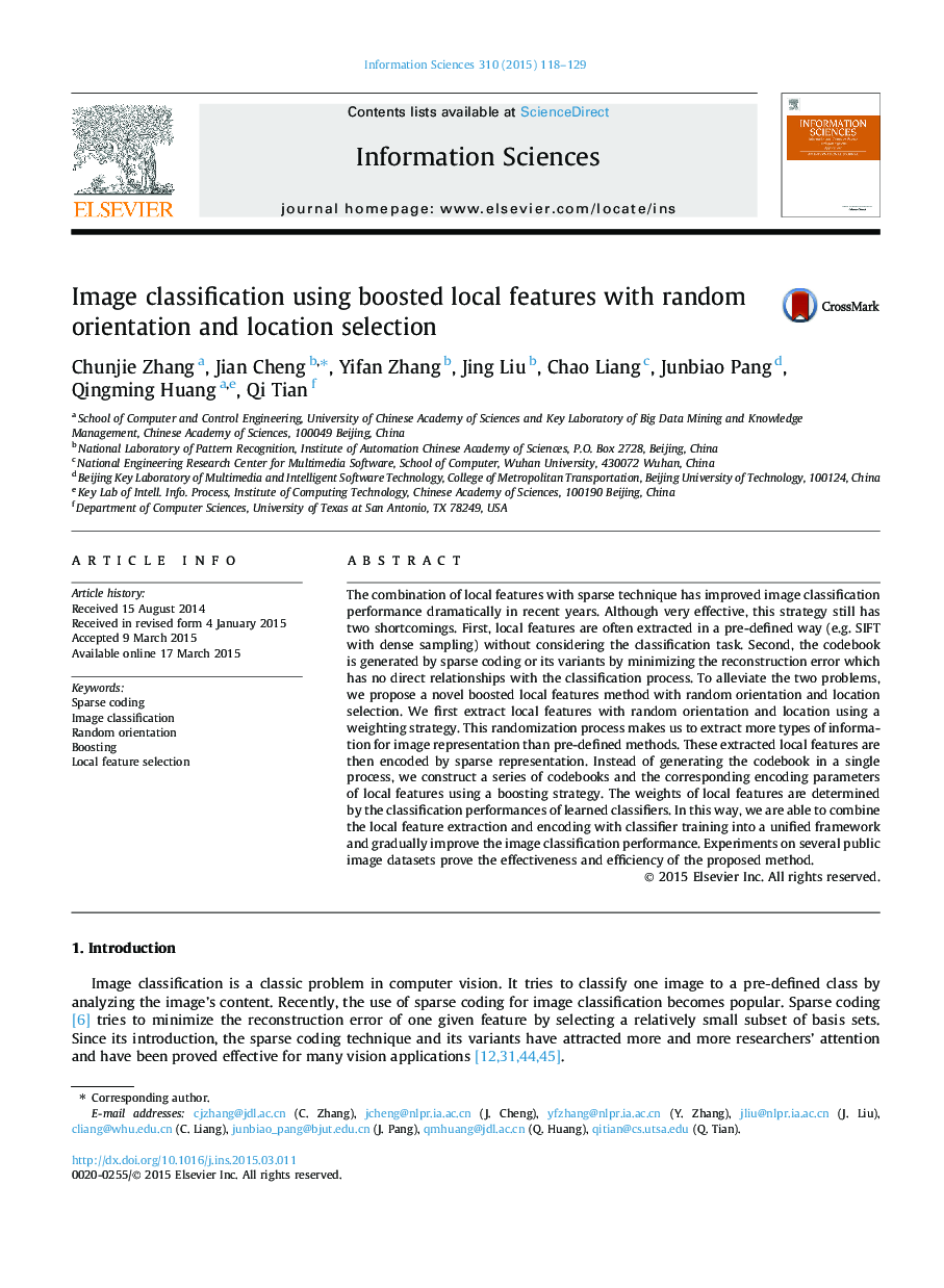 Image classification using boosted local features with random orientation and location selection