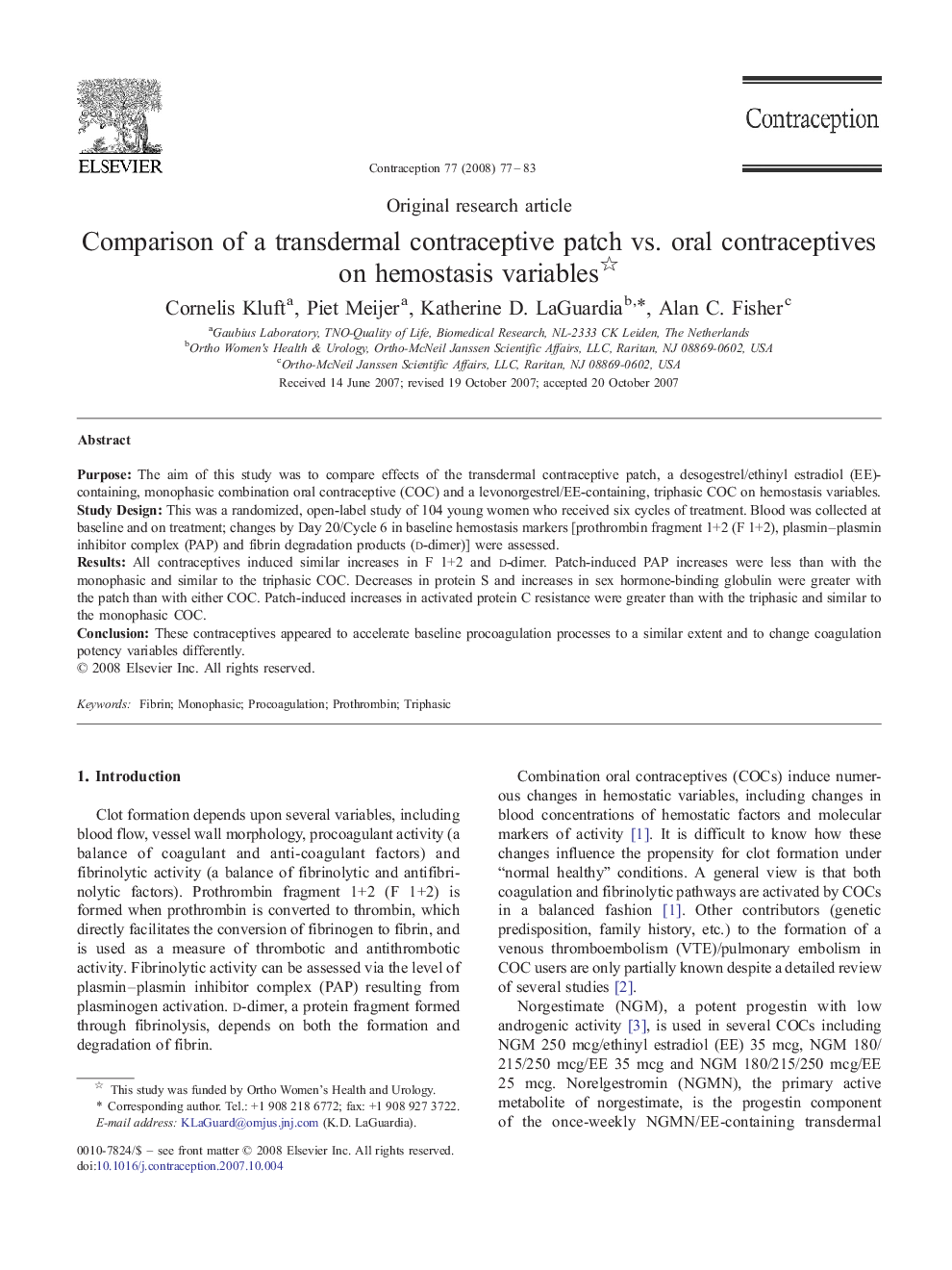 Comparison of a transdermal contraceptive patch vs. oral contraceptives on hemostasis variables 