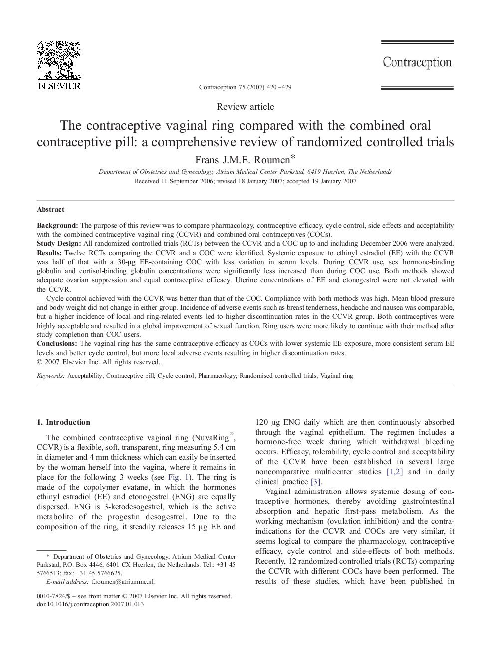 The contraceptive vaginal ring compared with the combined oral contraceptive pill: a comprehensive review of randomized controlled trials