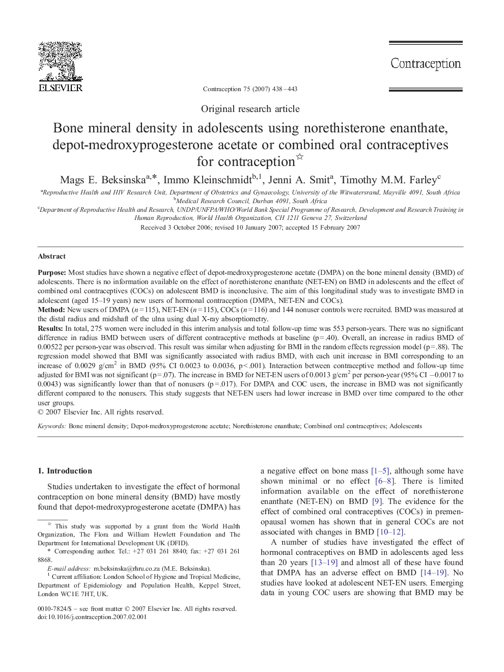 Bone mineral density in adolescents using norethisterone enanthate, depot-medroxyprogesterone acetate or combined oral contraceptives for contraception 