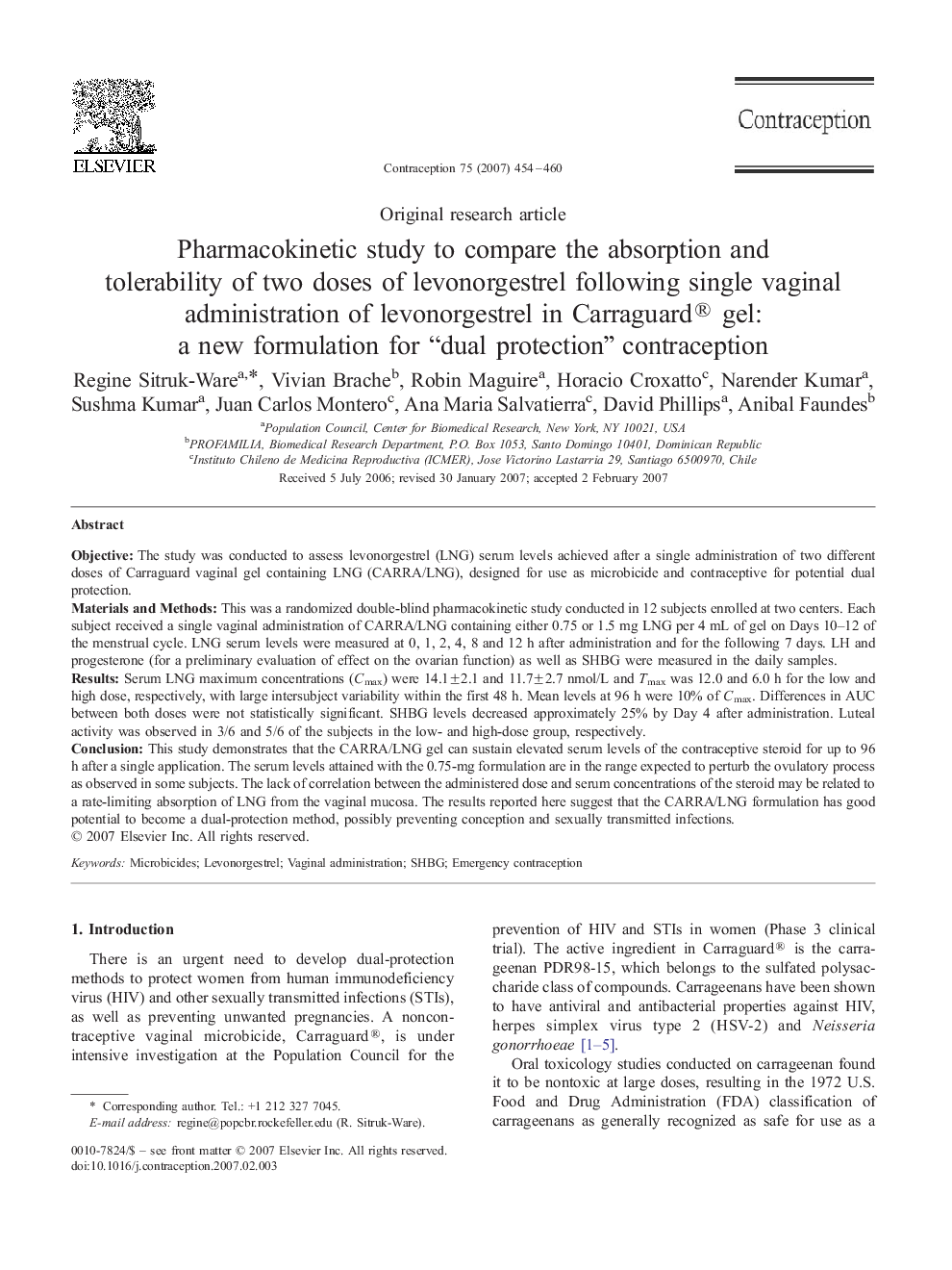 Pharmacokinetic study to compare the absorption and tolerability of two doses of levonorgestrel following single vaginal administration of levonorgestrel in Carraguard® gel: a new formulation for “dual protection” contraception