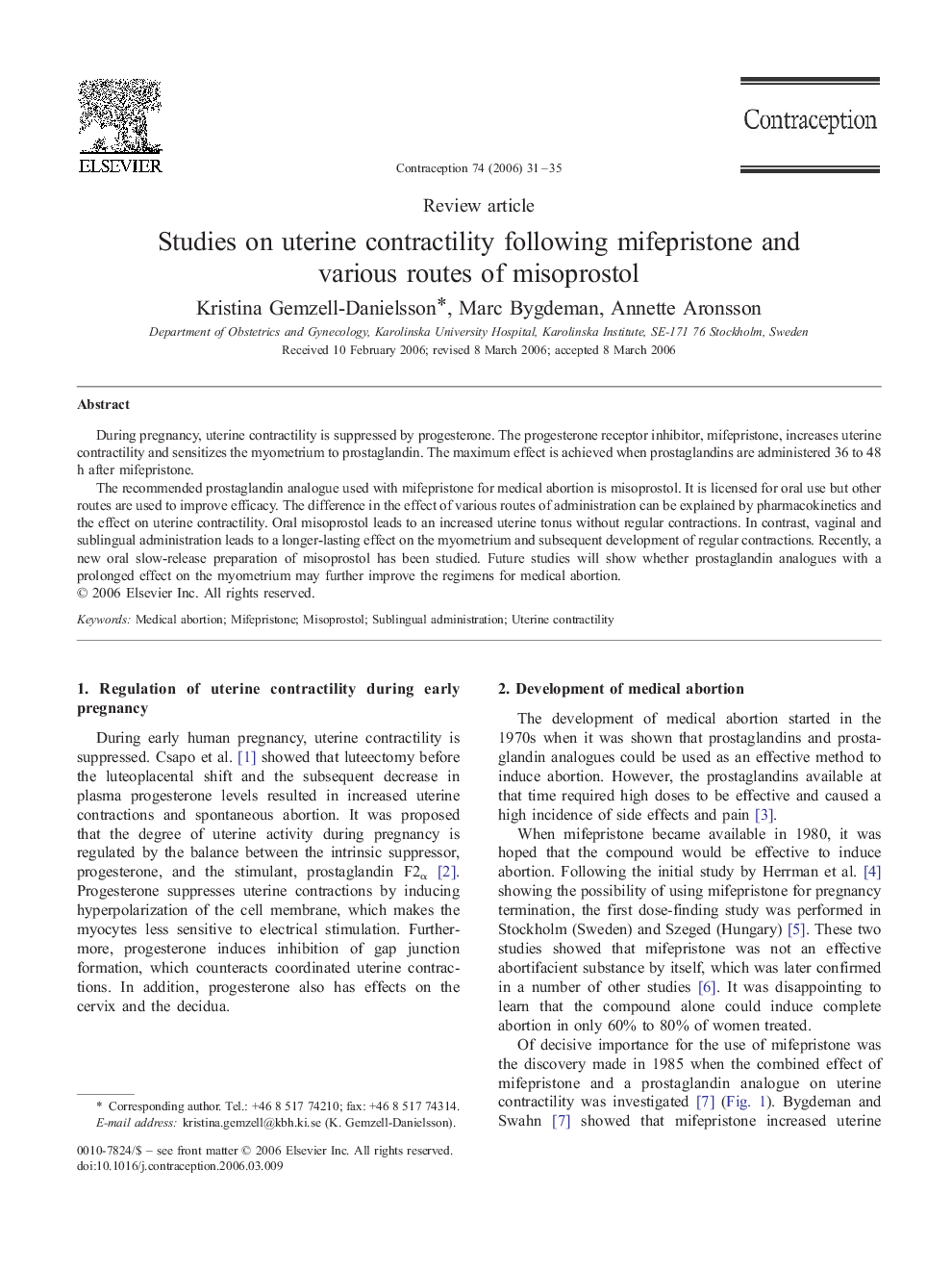 Studies on uterine contractility following mifepristone and various routes of misoprostol