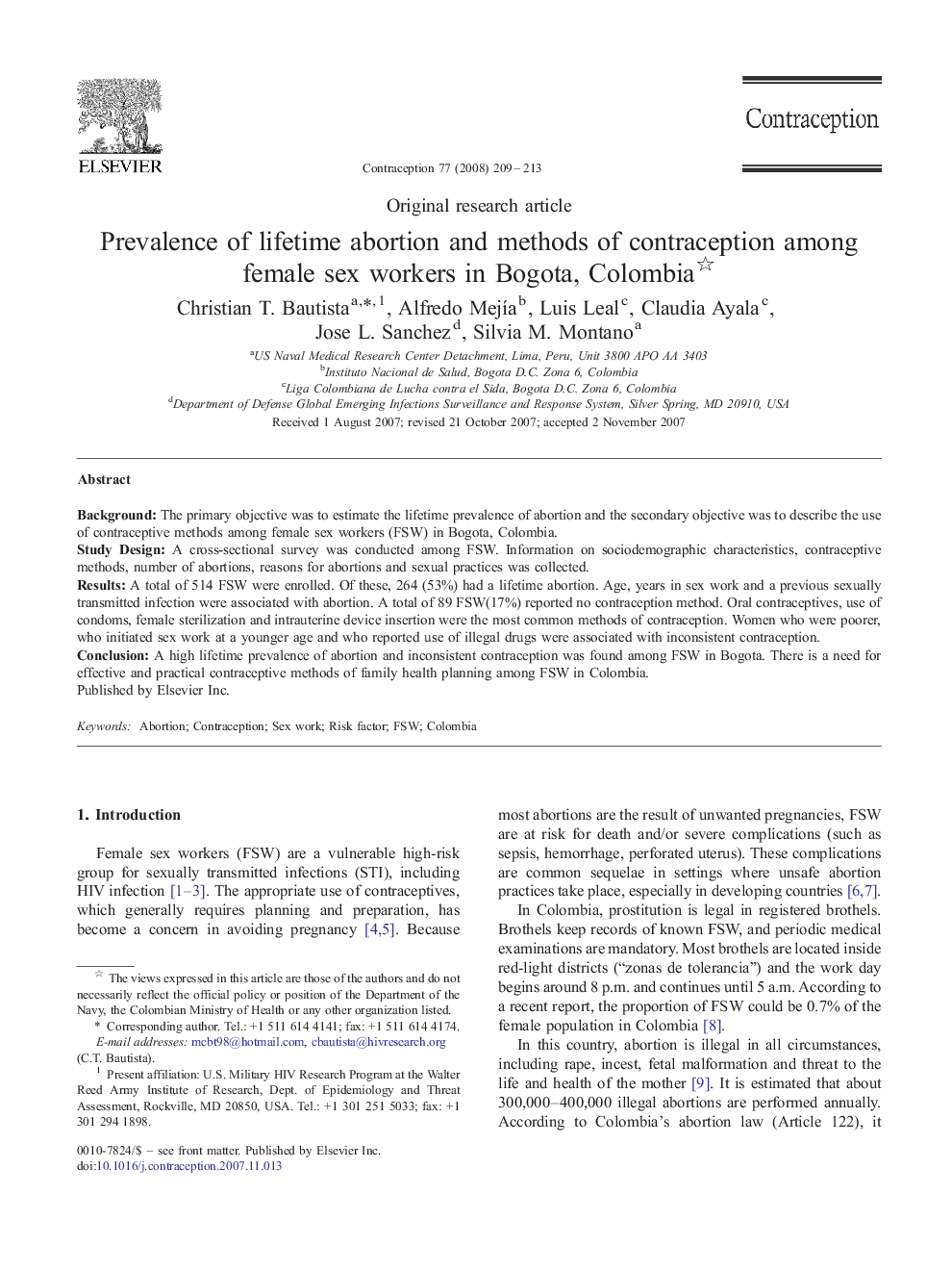 Prevalence of lifetime abortion and methods of contraception among female sex workers in Bogota, Colombia ★★★