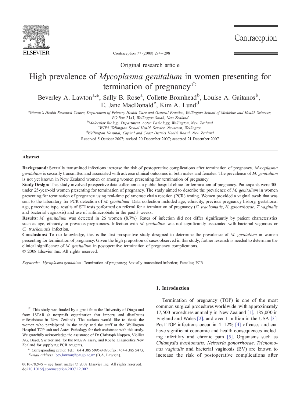 High prevalence of Mycoplasma genitalium in women presenting for termination of pregnancy 