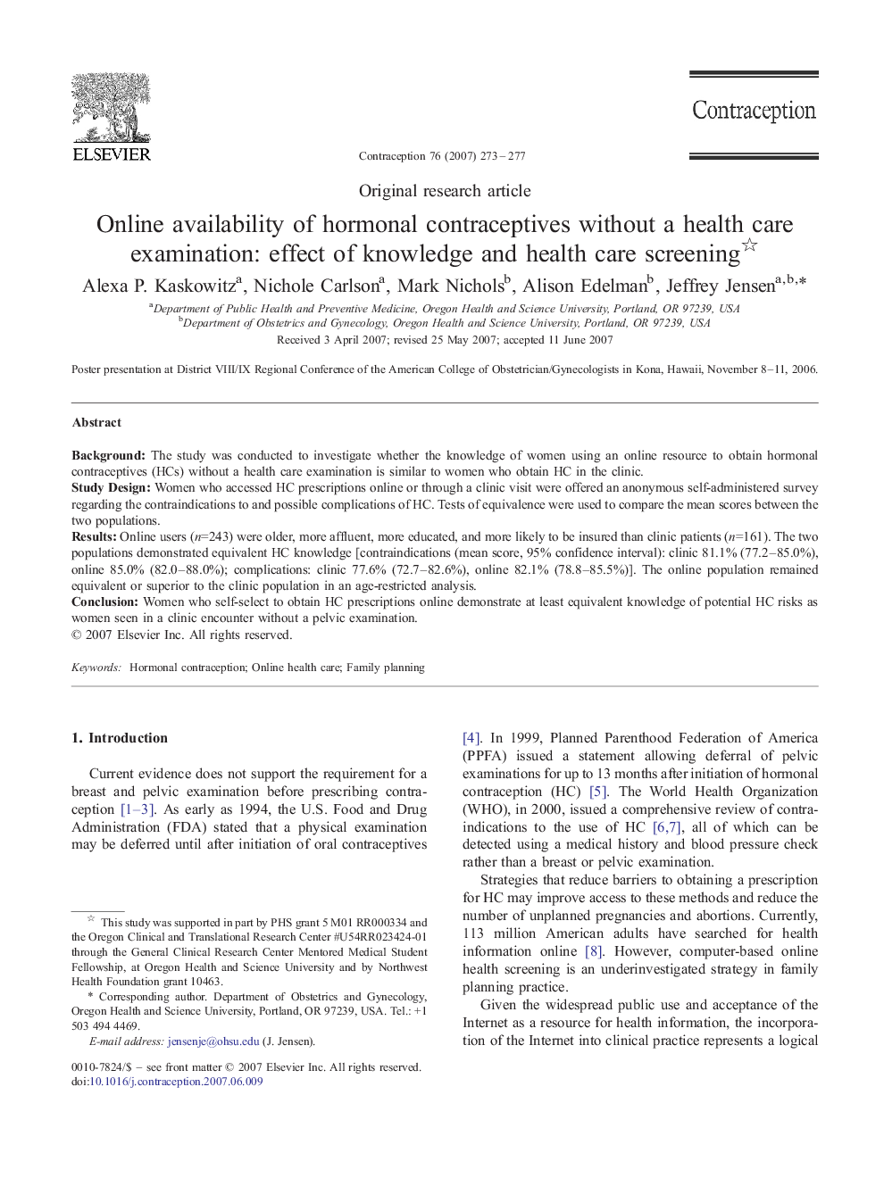 Online availability of hormonal contraceptives without a health care examination: effect of knowledge and health care screening 