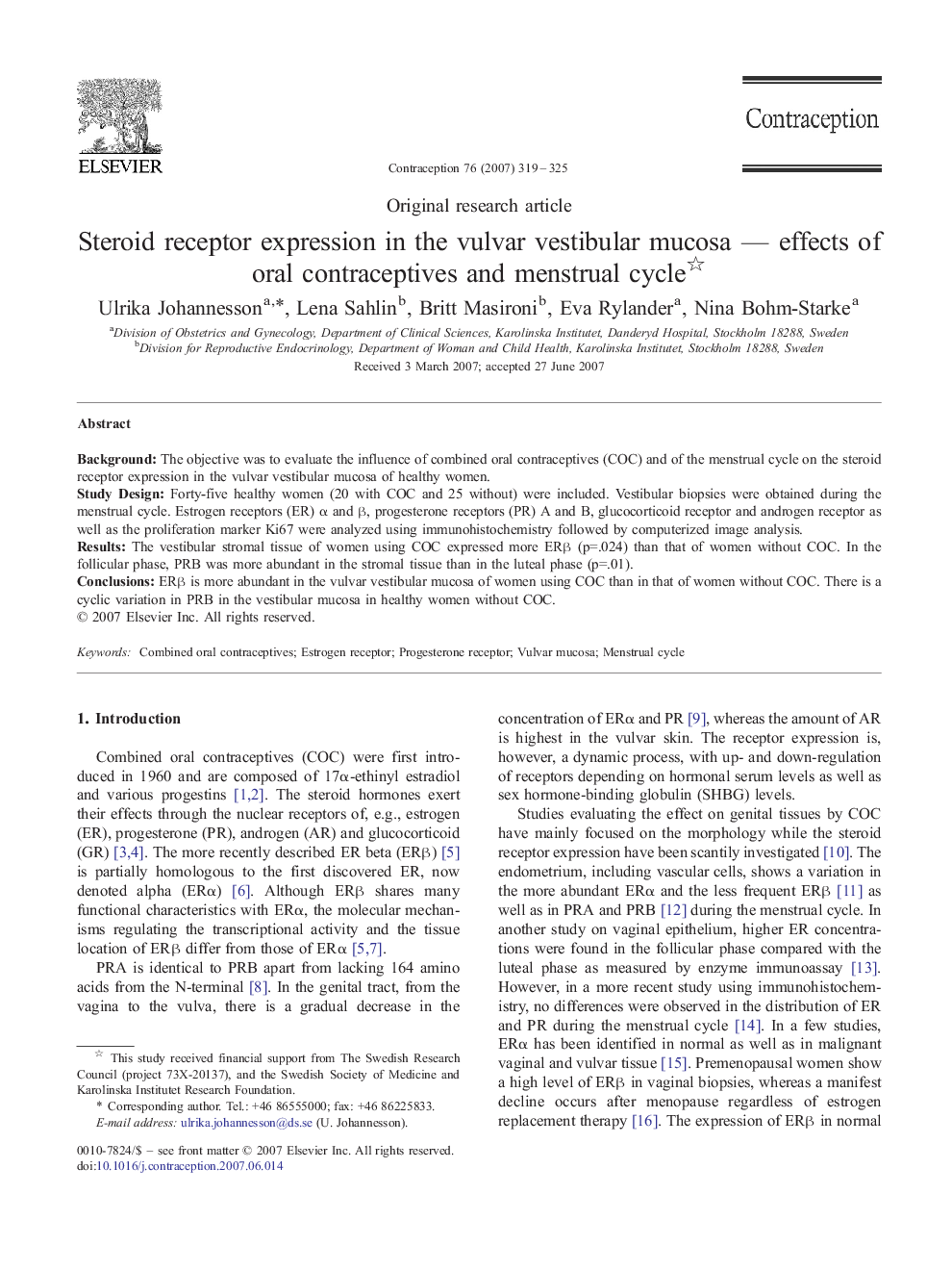 Steroid receptor expression in the vulvar vestibular mucosa — effects of oral contraceptives and menstrual cycle 