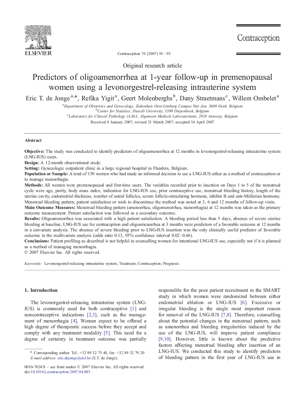 Predictors of oligoamenorrhea at 1-year follow-up in premenopausal women using a levonorgestrel-releasing intrauterine system