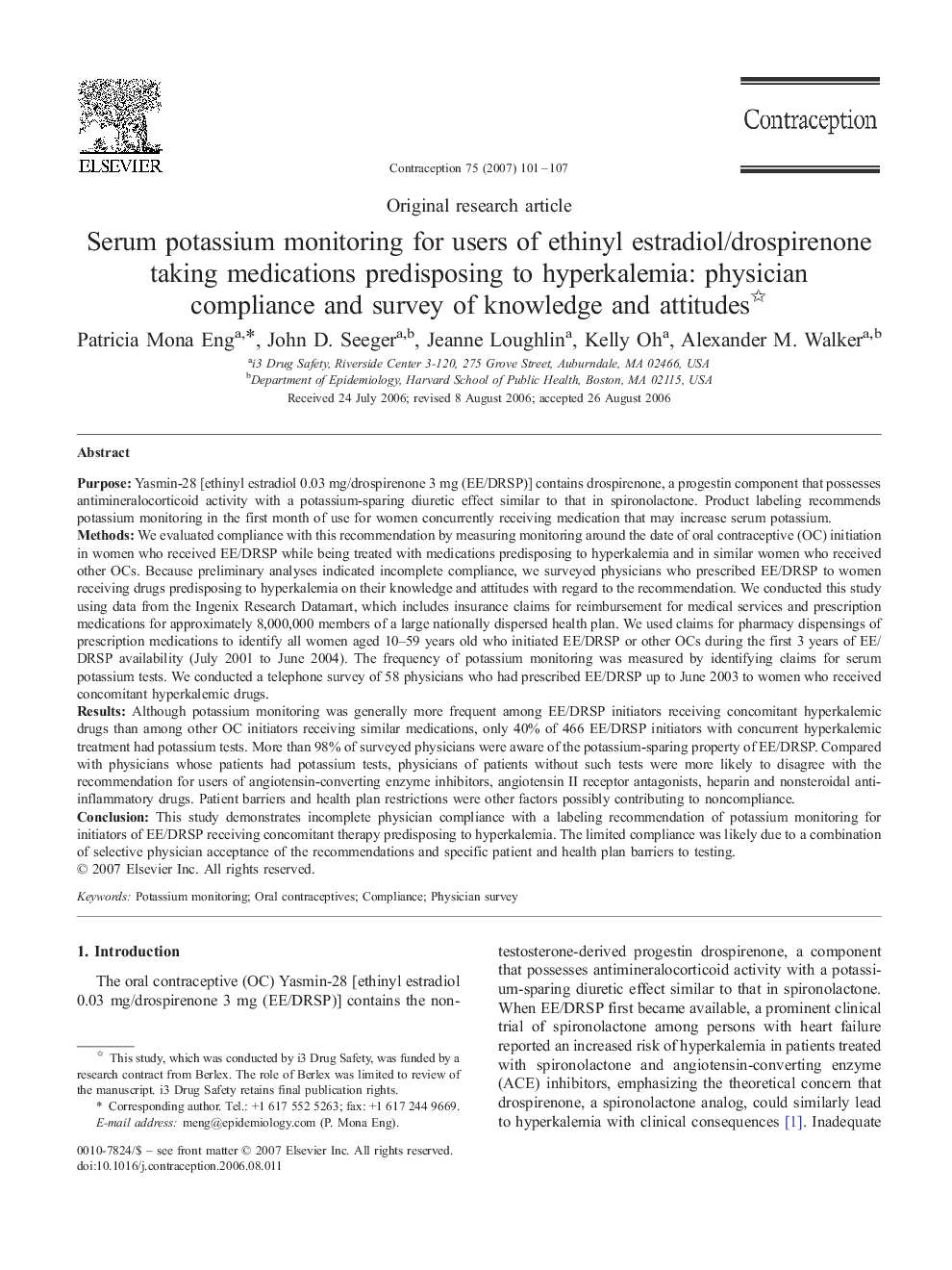 Serum potassium monitoring for users of ethinyl estradiol/drospirenone taking medications predisposing to hyperkalemia: physician compliance and survey of knowledge and attitudes 