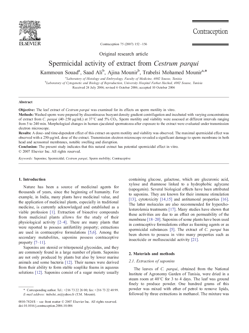 Spermicidal activity of extract from Cestrum parqui