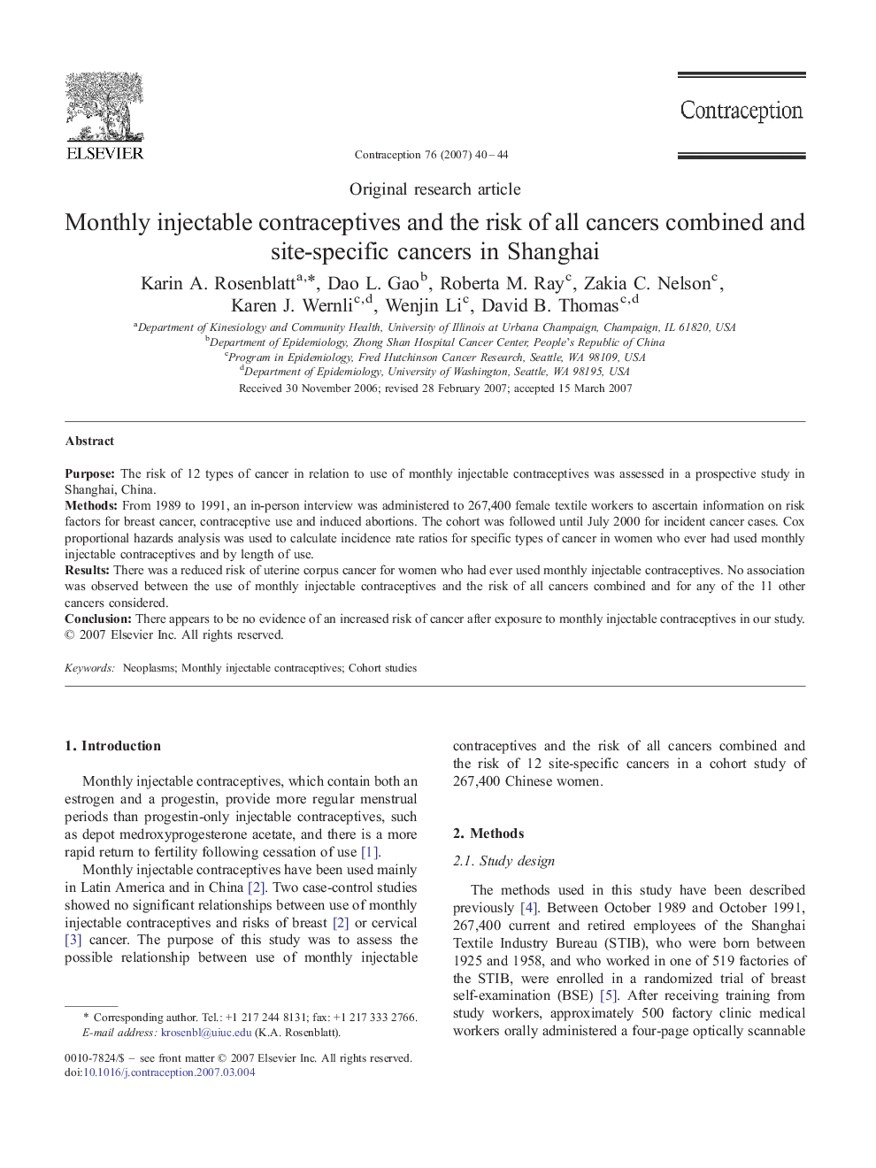 Monthly injectable contraceptives and the risk of all cancers combined and site-specific cancers in Shanghai
