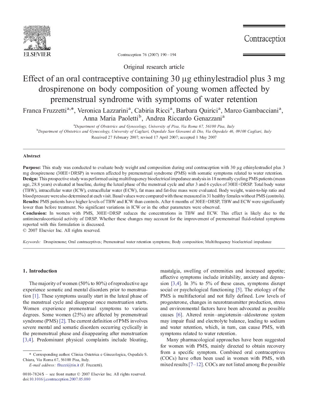 Effect of an oral contraceptive containing 30 μg ethinylestradiol plus 3 mg drospirenone on body composition of young women affected by premenstrual syndrome with symptoms of water retention