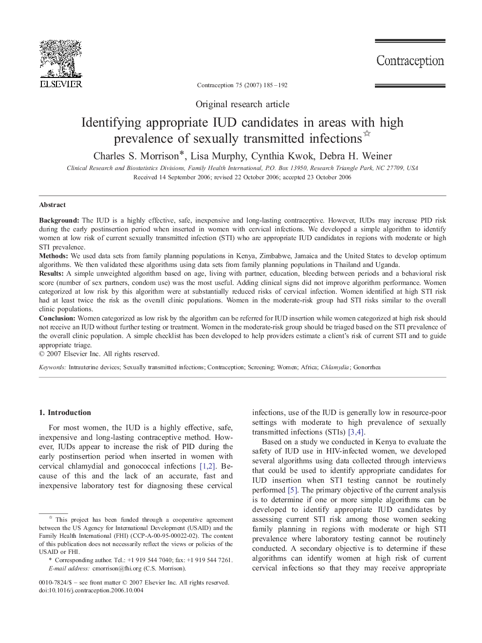 Identifying appropriate IUD candidates in areas with high prevalence of sexually transmitted infections 