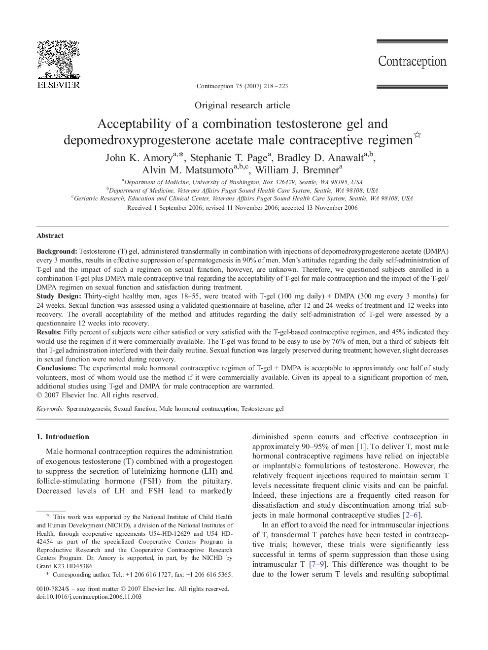 Acceptability of a combination testosterone gel and depomedroxyprogesterone acetate male contraceptive regimen 