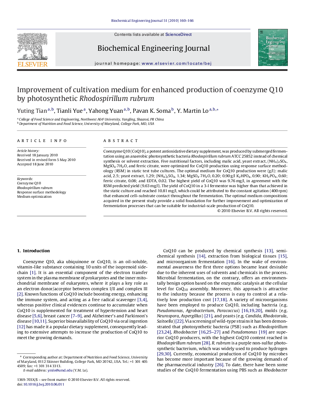 Improvement of cultivation medium for enhanced production of coenzyme Q10 by photosynthetic Rhodospirillum rubrum