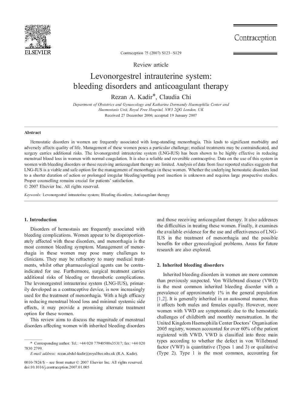 Levonorgestrel intrauterine system: bleeding disorders and anticoagulant therapy