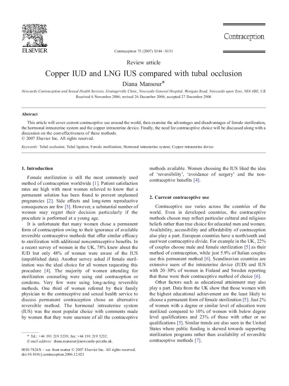 Copper IUD and LNG IUS compared with tubal occlusion