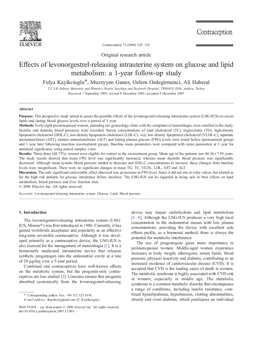 Effects of levonorgestrel-releasing intrauterine system on glucose and lipid metabolism: a 1-year follow-up study