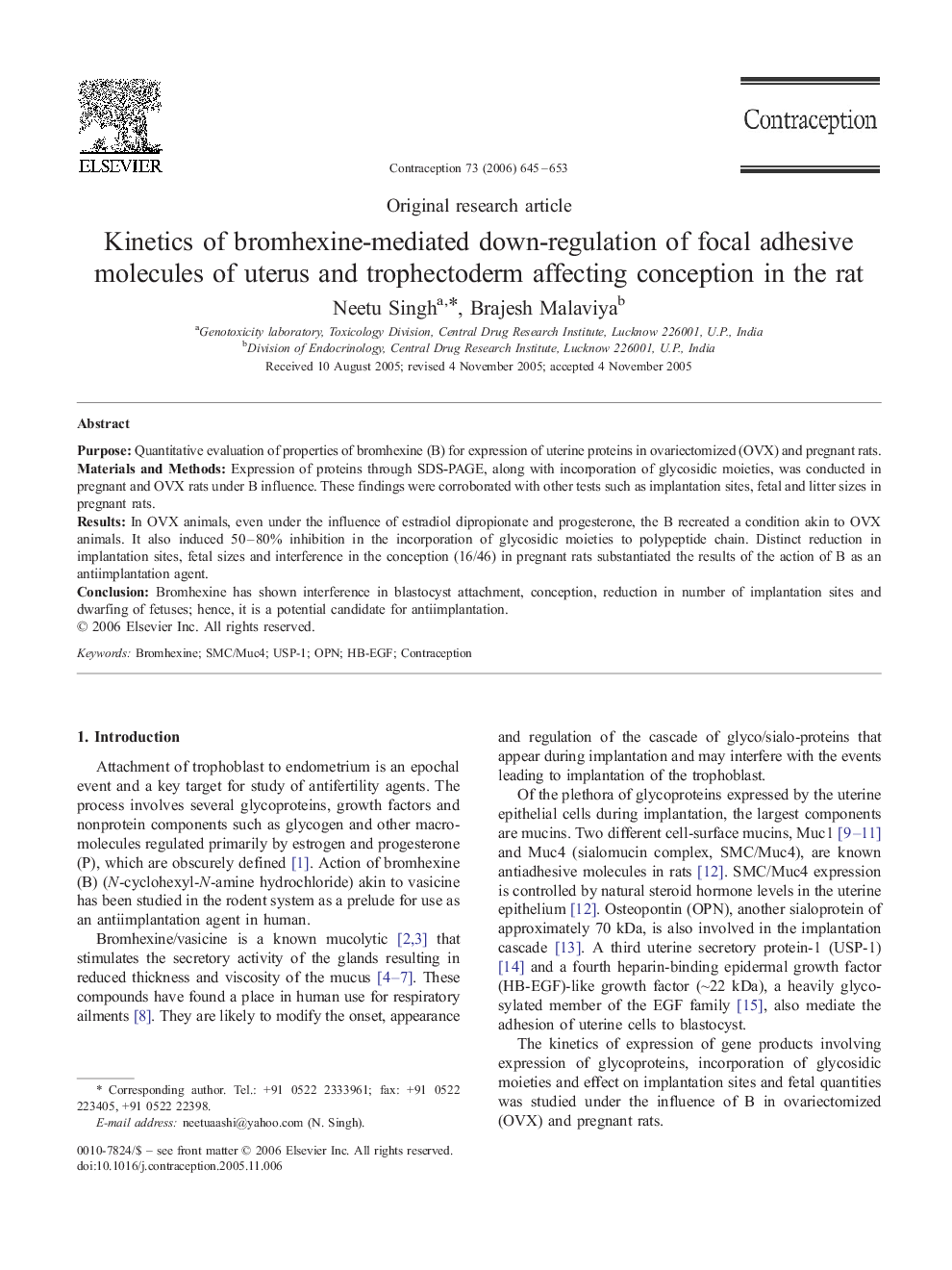 Kinetics of bromhexine-mediated down-regulation of focal adhesive molecules of uterus and trophectoderm affecting conception in the rat