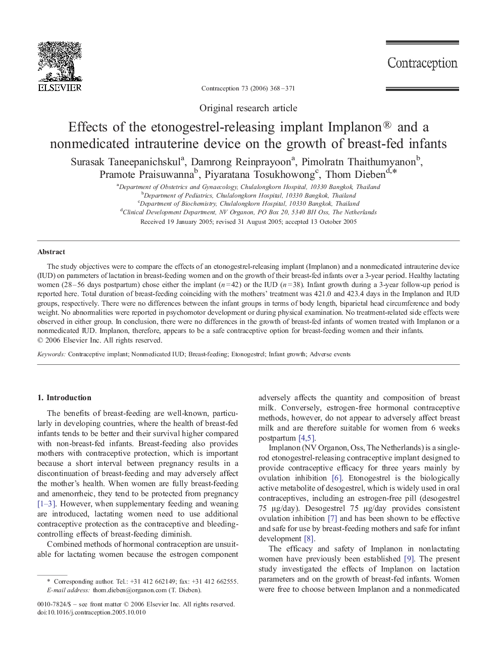 Effects of the etonogestrel-releasing implant Implanon® and a nonmedicated intrauterine device on the growth of breast-fed infants