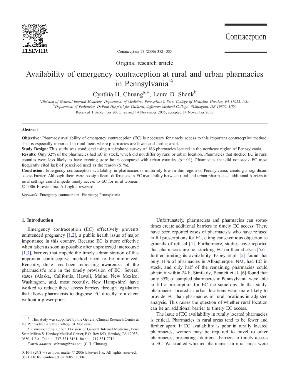 Availability of emergency contraception at rural and urban pharmacies in Pennsylvania 