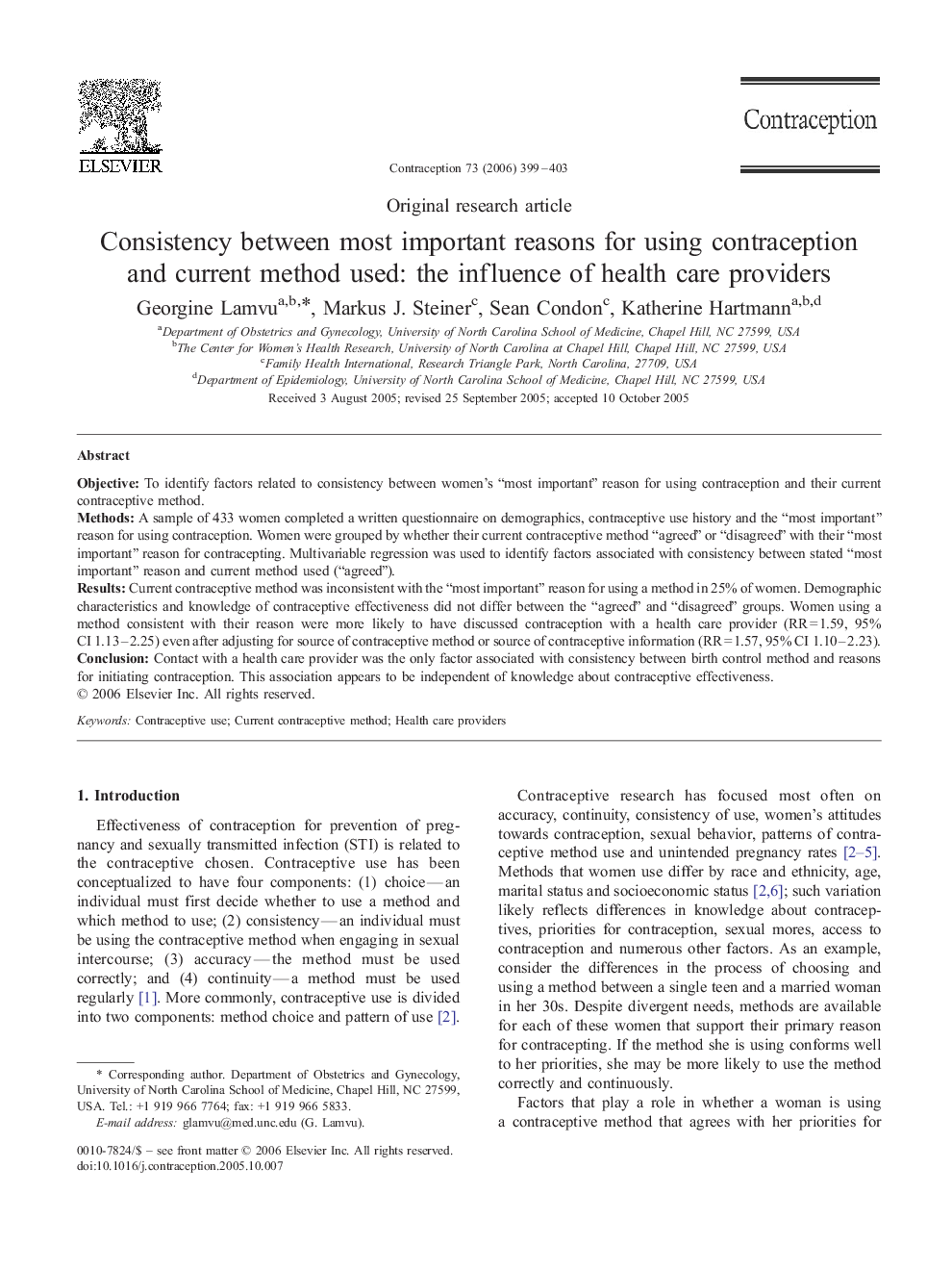 Consistency between most important reasons for using contraception and current method used: the influence of health care providers