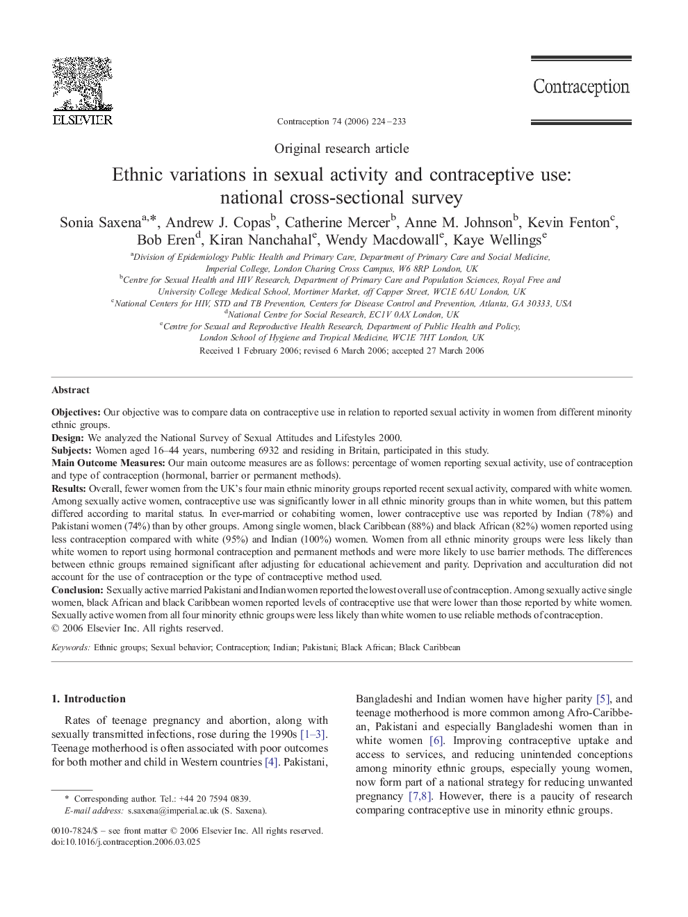 Ethnic variations in sexual activity and contraceptive use: national cross-sectional survey