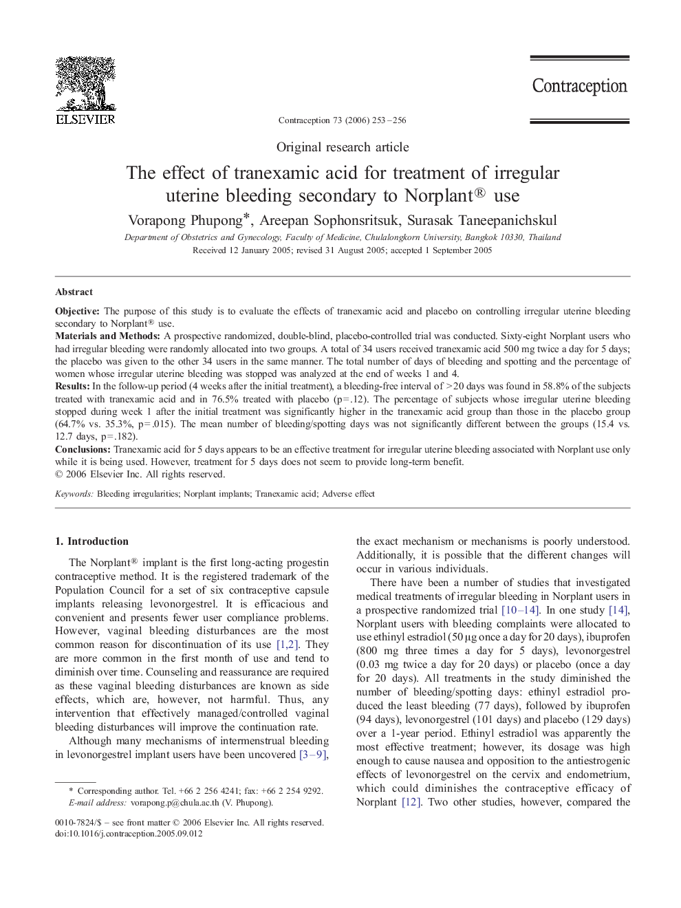 The effect of tranexamic acid for treatment of irregular uterine bleeding secondary to Norplant® use