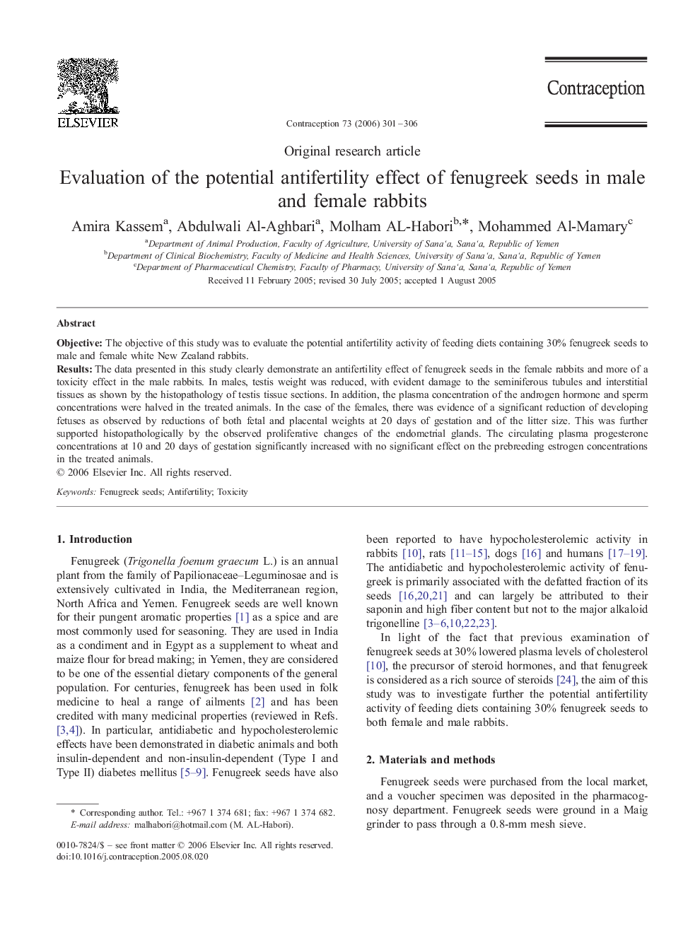 Evaluation of the potential antifertility effect of fenugreek seeds in male and female rabbits