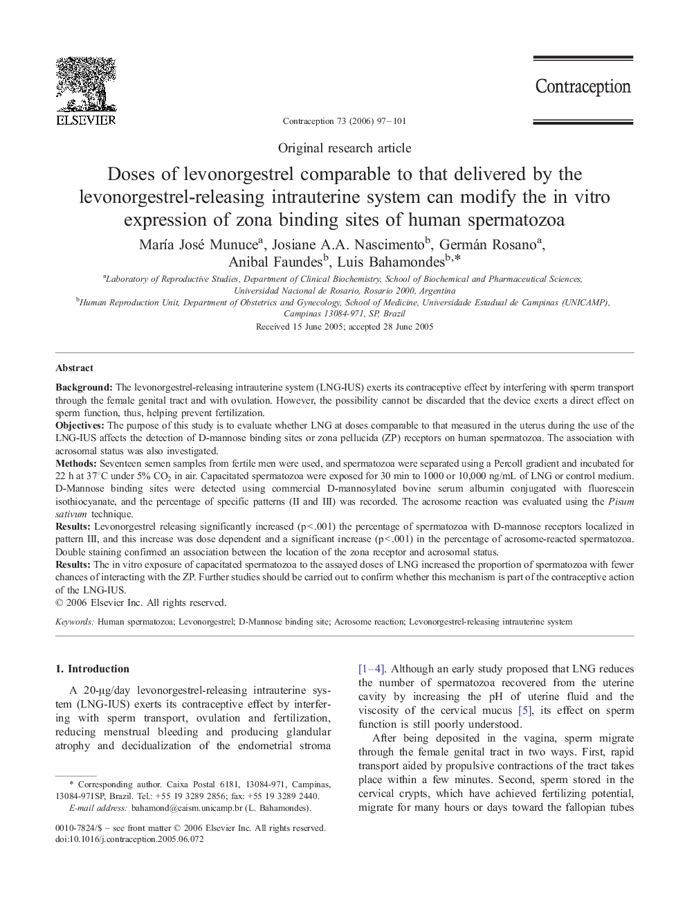 Doses of levonorgestrel comparable to that delivered by the levonorgestrel-releasing intrauterine system can modify the in vitro expression of zona binding sites of human spermatozoa