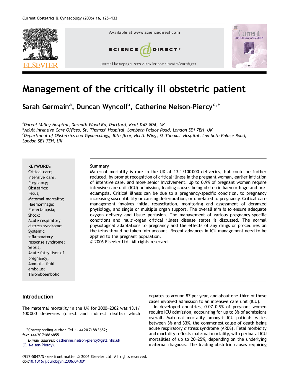 Management of the critically ill obstetric patient