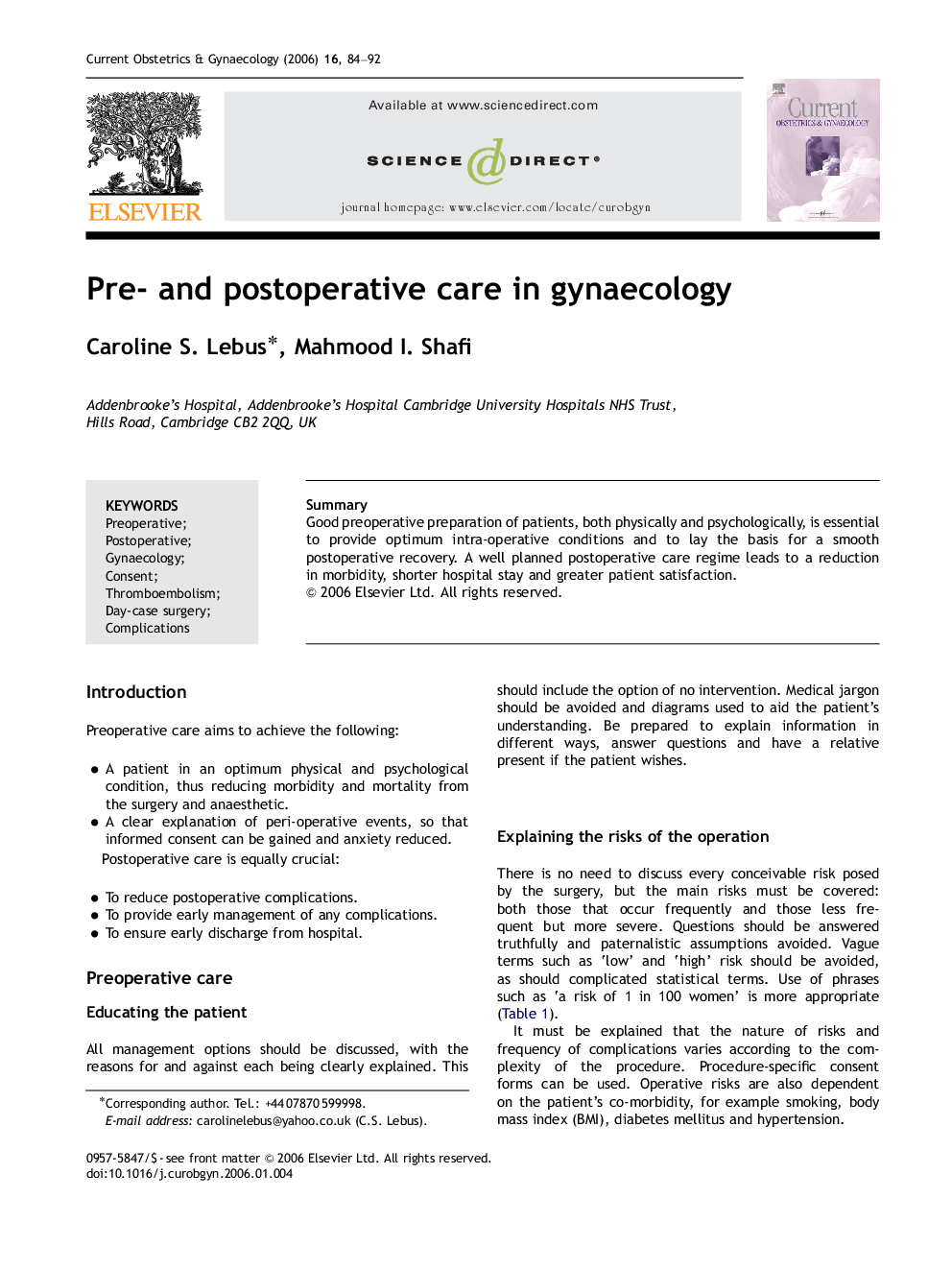 Pre- and postoperative care in gynaecology