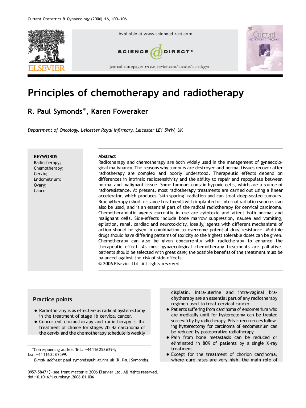 Principles of chemotherapy and radiotherapy