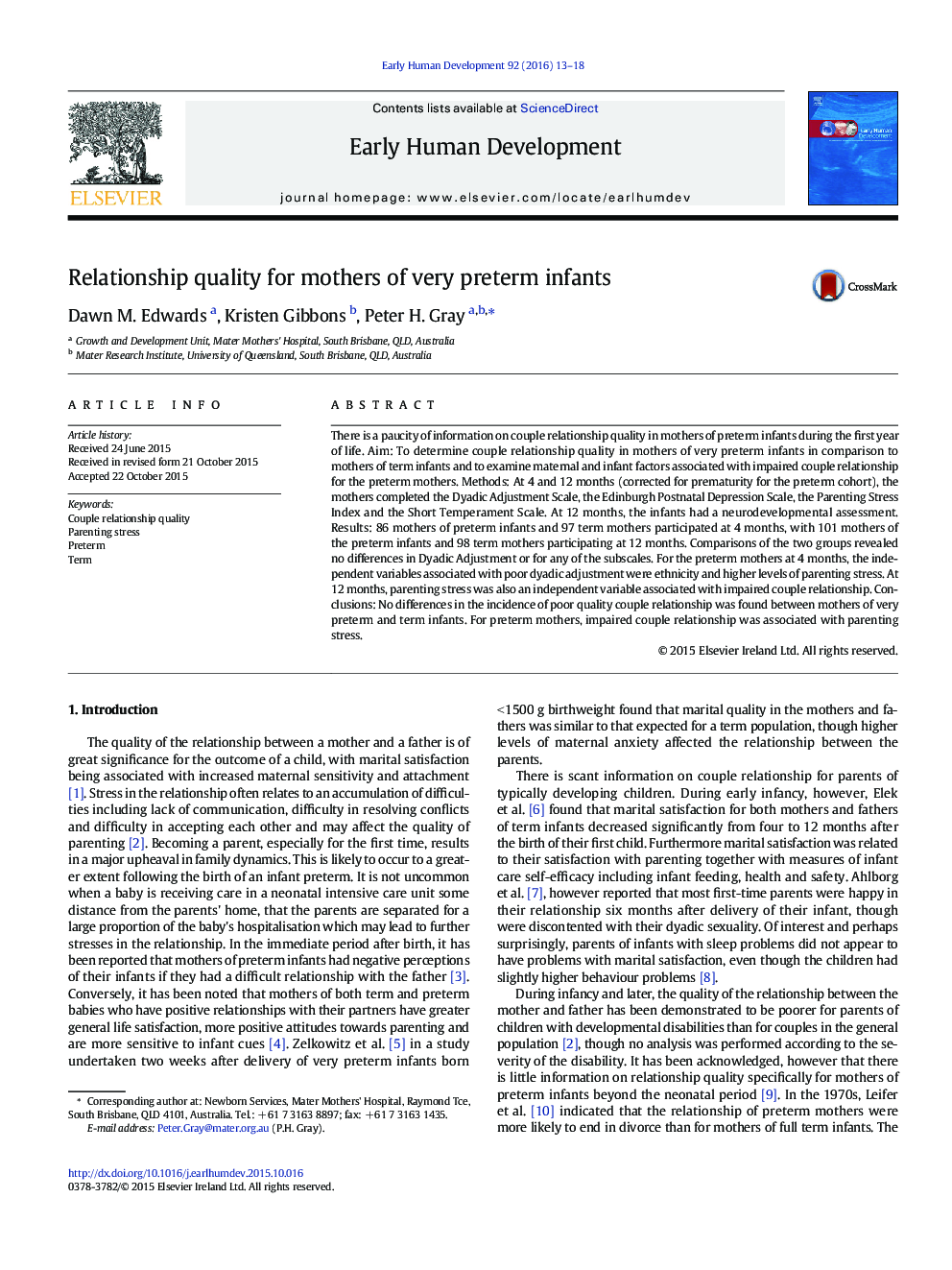 Relationship quality for mothers of very preterm infants